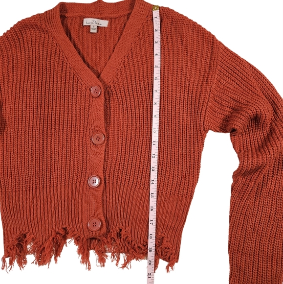 Love Tree Distressed V Neck Button Up Cropped Cardigan, Burnt Orange, Small - Picture 13 of 14